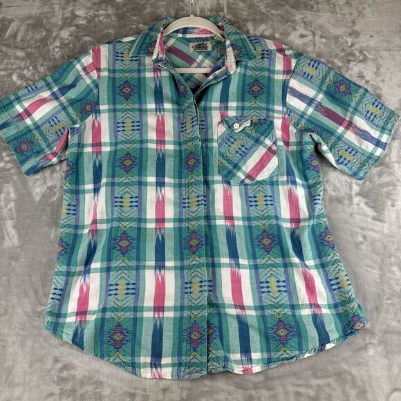 Vintage Chic Schooners Button Shirt Unisex Large Blue Pink‎ Aztec Western (0851) - Picture 1 of 10